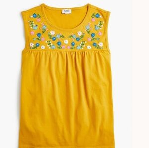 J.Crew Floral Embroidered Yoke Yellow Cotton Tee Tank Sleeveless Ladies Small